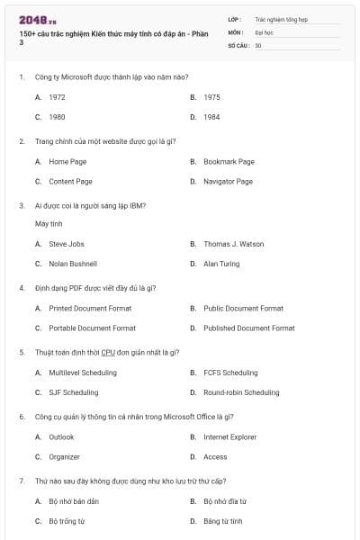 150+ câu trắc nghiệm Kiến thức máy tính có đáp án - Phần 3