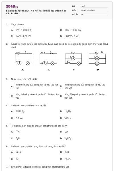 Bộ 2 đề thi học kì 2 KHTN 8 Kết nối tri thức cấu trúc mới có đáp án - Đề 1