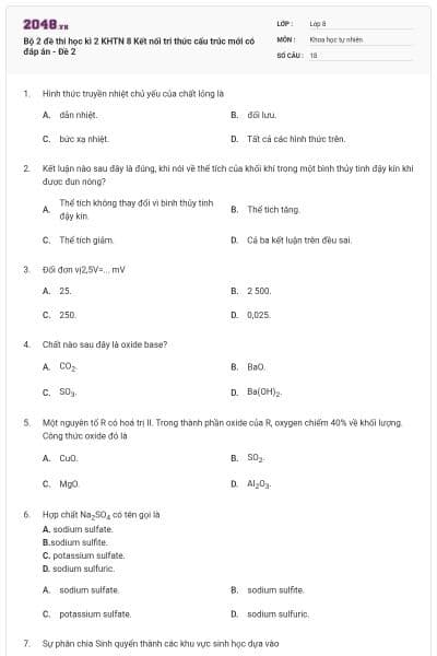 Bộ 2 đề thi học kì 2 KHTN 8 Kết nối tri thức cấu trúc mới có đáp án - Đề 2
