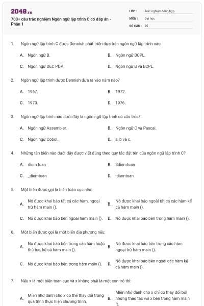 700+ câu trắc nghiệm Ngôn ngữ lập trình C có đáp án - Phần 1
