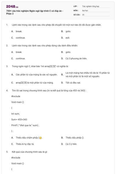 700+ câu trắc nghiệm Ngôn ngữ lập trình C có đáp án - Phần 3