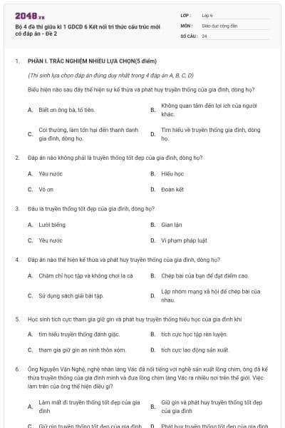 Bộ 4 đề thi giữa kì 1 GDCD 6 Kết nối tri thức cấu trúc mới có đáp án - Đề 2