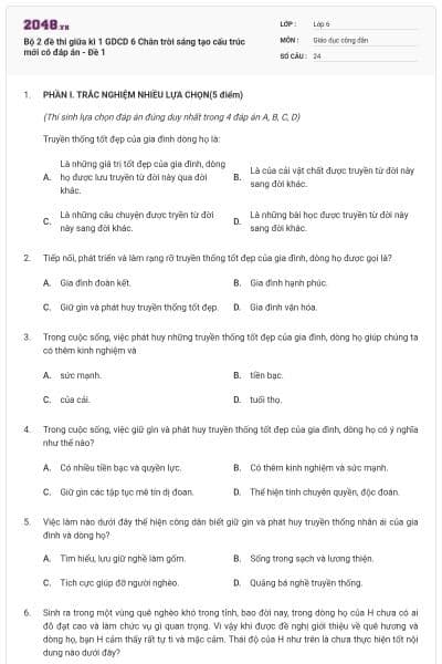 Bộ 2 đề thi giữa kì 1 GDCD 6 Chân trời sáng tạo cấu trúc mới có đáp án - Đề 1