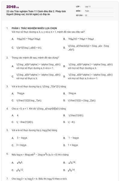 22 câu Trắc nghiệm Toán 11 Cánh diều Bài 2. Phép tính lôgarit (Đúng-sai, trả lời ngắn) có đáp án