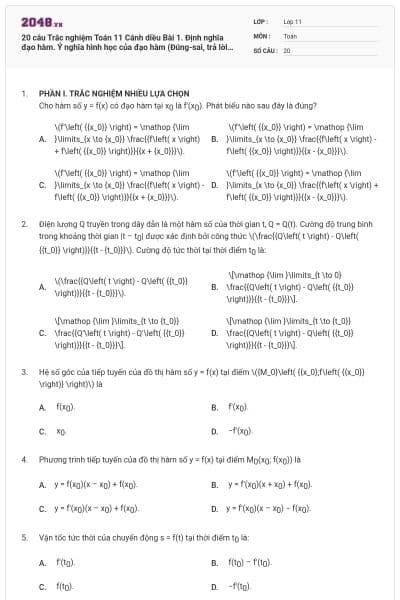 20 câu Trắc nghiệm Toán 11 Cánh diều Bài 1. Định nghĩa đạo hàm. Ý nghĩa hình học của đạo hàm (Đúng-sai, trả lời ngắn) có đáp án