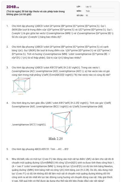 (Trả lời ngắn) 30 bài tập Vectơ và các phép toán trong không gian (có lời giải)