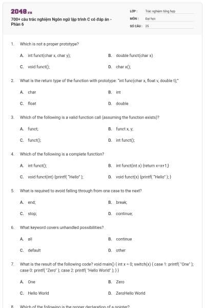 700+ câu trắc nghiệm Ngôn ngữ lập trình C có đáp án - Phần 6