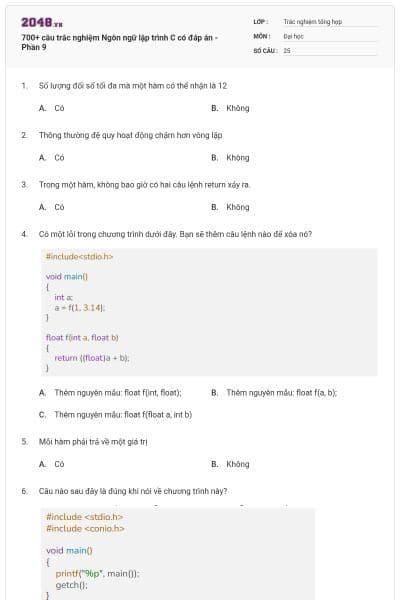 700+ câu trắc nghiệm Ngôn ngữ lập trình C có đáp án - Phần 9