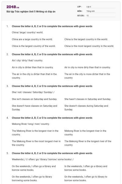 Bài tập Trắc nghiệm Unit 5 Writing có đáp án