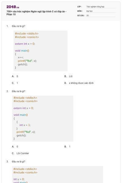 700+ câu trắc nghiệm Ngôn ngữ lập trình C có đáp án - Phần 10