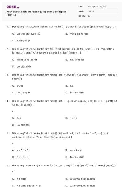 700+ câu trắc nghiệm Ngôn ngữ lập trình C có đáp án - Phần 12