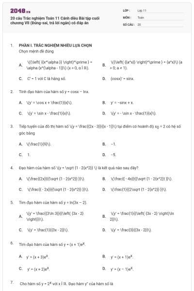 20 câu Trắc nghiệm Toán 11 Cánh diều Bài tập cuối chương VII (Đúng-sai, trả lời ngắn) có đáp án