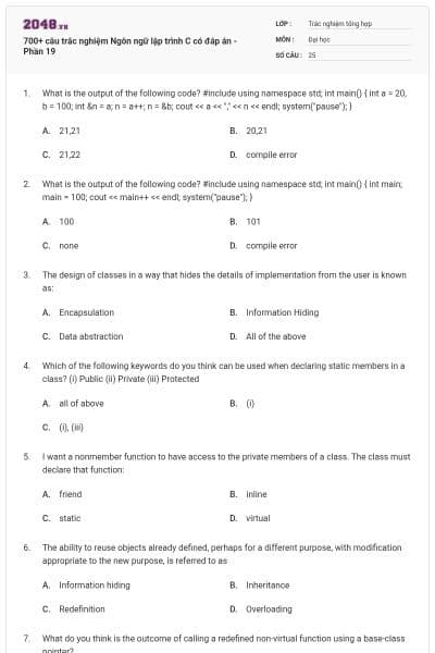 700+ câu trắc nghiệm Ngôn ngữ lập trình C có đáp án - Phần 19
