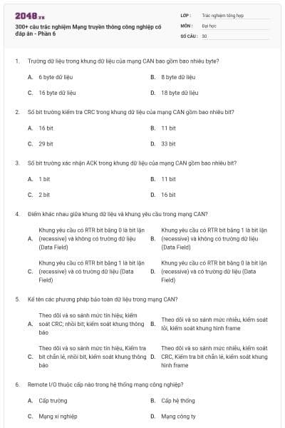 300+ câu trắc nghiệm Mạng truyền thông công nghiệp có đáp án - Phần 6