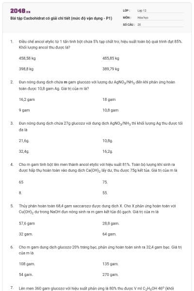 Bài tập Cacbohidrat có giải chi tiết (mức độ vận dụng - P1)