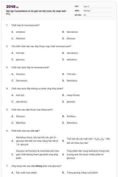 Bài tập Cacbohidrat có lời giải chi tiết (mức độ nhận biết - P1)