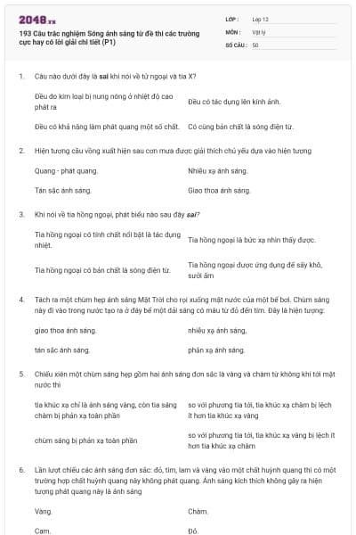 193 Câu trắc nghiệm Sóng ánh sáng từ đề thi các trường cực hay có lời giải chi tiết (P1)