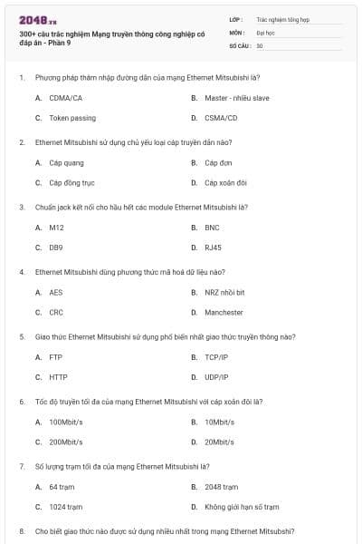300+ câu trắc nghiệm Mạng truyền thông công nghiệp có đáp án - Phần 9
