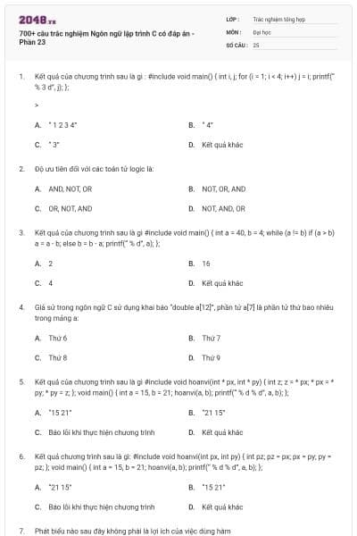 700+ câu trắc nghiệm Ngôn ngữ lập trình C có đáp án - Phần 23