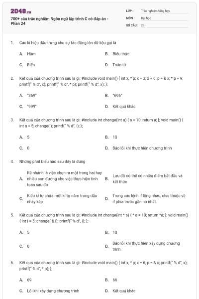 700+ câu trắc nghiệm Ngôn ngữ lập trình C có đáp án - Phần 24
