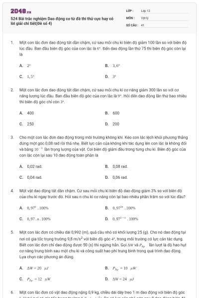 524 Bài trắc nghiệm Dao động cơ từ đề thi thử cực hay có lời giải chi tiết(Đề số 4)