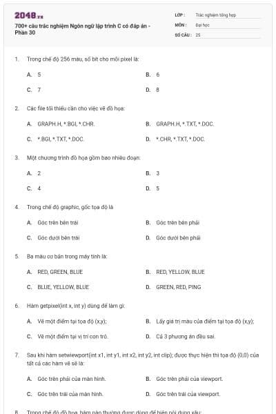 700+ câu trắc nghiệm Ngôn ngữ lập trình C có đáp án - Phần 30