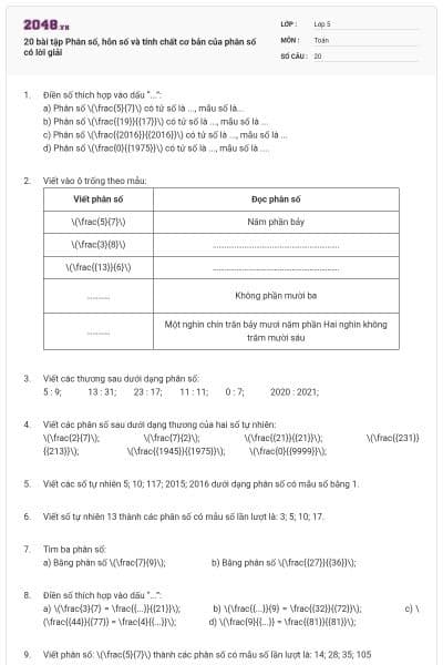 20 bài tập Phân số, hỗn số và tính chất cơ bản của phân số có lời giải