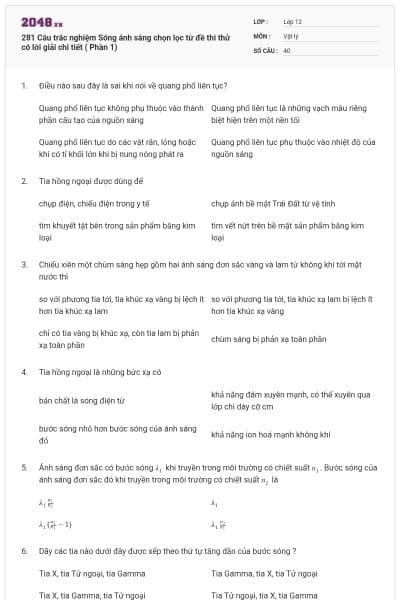 281 Câu trắc nghiệm Sóng ánh sáng chọn lọc từ đề thi thử có lời giải chi tiết ( Phần 1)
