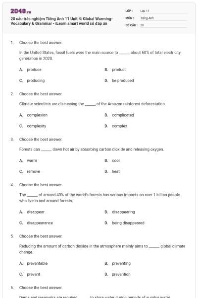 20 câu trắc nghiệm Tiếng Anh 11 Unit 4: Global Warming- Vocabulary & Grammar - iLearn smart world có đáp án