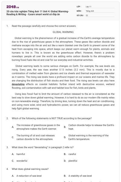 20 câu trắc nghiệm Tiếng Anh 11 Unit 4: Global Warming- Reading & Writing - iLearn smart world có đáp án
