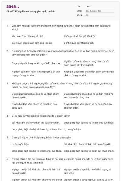 Đề số 2 Công dân với các quyền tự do cơ bản