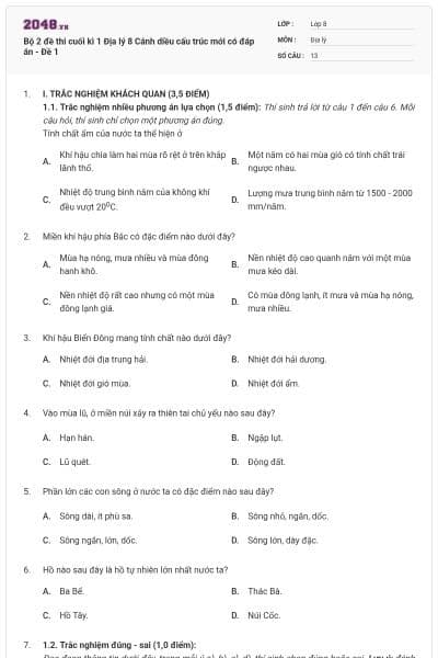 Bộ 2 đề thi cuối kì 1 Địa lý 8 Cánh diều cấu trúc mới có đáp án - Đề 1