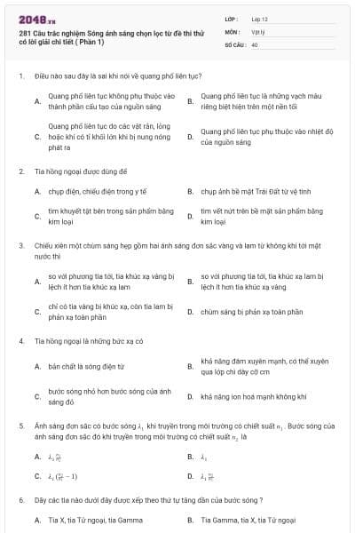 281 Câu trắc nghiệm Sóng ánh sáng chọn lọc từ đề thi thử có lời giải chi tiết ( Phần 1)