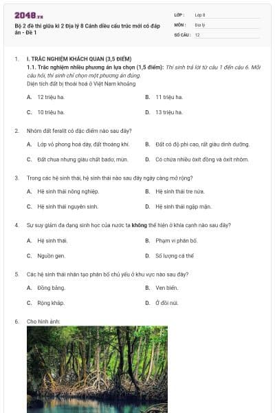 Bộ 2 đề thi giữa kì 2 Địa lý 8 Cánh diều cấu trúc mới có đáp án - Đề 1