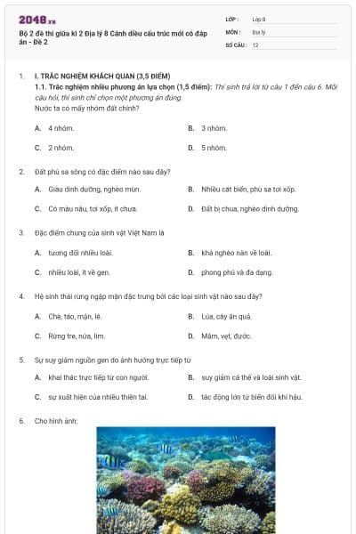 Bộ 2 đề thi giữa kì 2 Địa lý 8 Cánh diều cấu trúc mới có đáp án - Đề 2