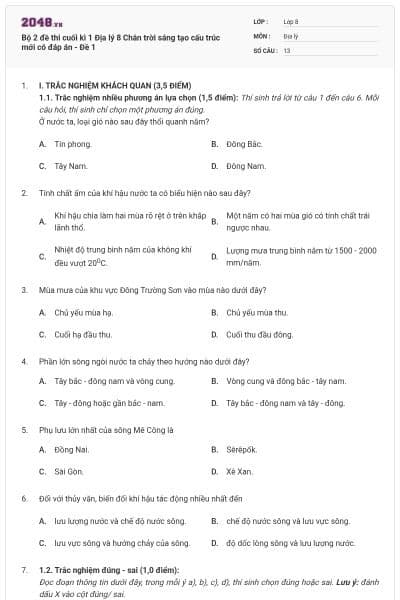 Bộ 2 đề thi cuối kì 1 Địa lý 8 Chân trời sáng tạo cấu trúc mới có đáp án - Đề 1