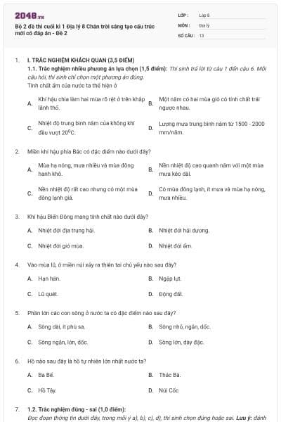 Bộ 2 đề thi cuối kì 1 Địa lý 8 Chân trời sáng tạo cấu trúc mới có đáp án - Đề 2