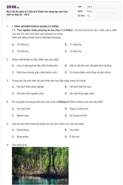 Bộ 2 đề thi giữa kì 2 Địa lý 8 Chân trời sáng tạo cấu trúc mới có đáp án - Đề 2