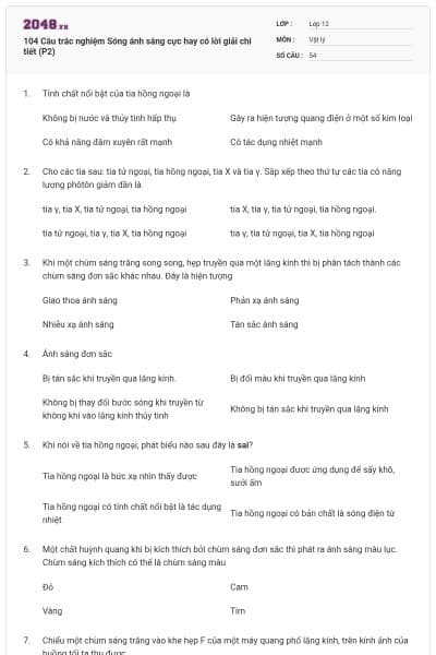 104 Câu trắc nghiệm Sóng ánh sáng cực hay có lời giải chi tiết (P2)