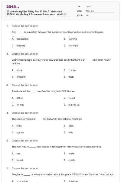 20 câu trắc nghiệm Tiếng Anh 11 Unit 5: Vietnam & ASEAN- Vocabulary & Grammar- iLearn smart world có đáp án