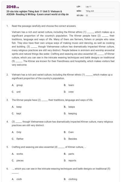 20 câu trắc nghiệm Tiếng Anh 11 Unit 5: Vietnam & ASEAN- Reading & Writing- iLearn smart world có đáp án