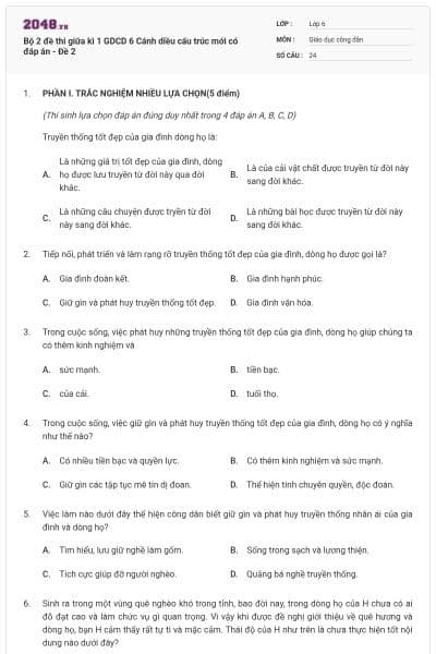 Bộ 2 đề thi giữa kì 1 GDCD 6 Cánh diều cấu trúc mới có đáp án - Đề 2