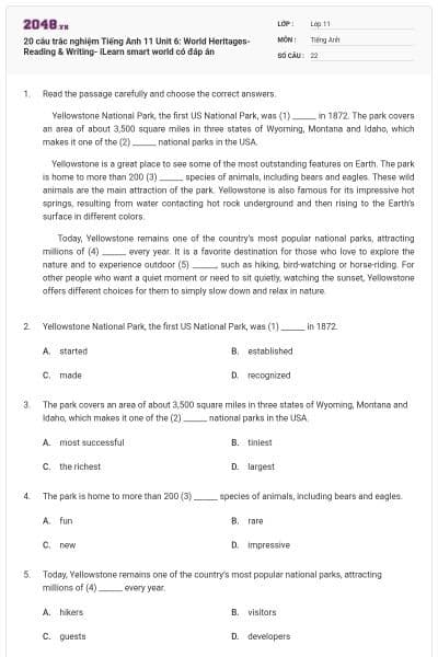 20 câu trắc nghiệm Tiếng Anh 11 Unit 6: World Heritages- Reading & Writing- iLearn smart world có đáp án