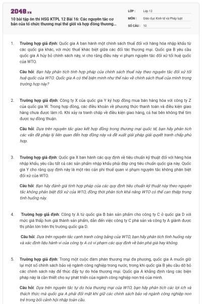 10 bài tập ôn thi HSG KTPL 12 Bài 16: Các nguyên tắc cơ bản của tổ chức thương mại thế giới và hợp đồng thương mại quốc tế có lời giải