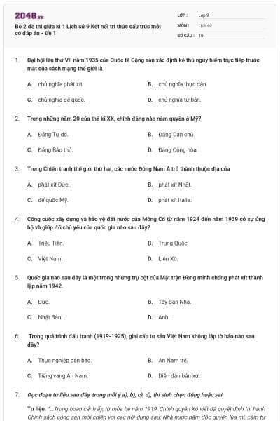 Bộ 2 đề thi giữa kì 1 Lịch sử 9 Kết nối tri thức cấu trúc mới có đáp án - Đề 1