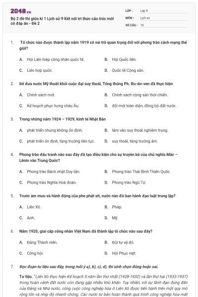 Bộ 2 đề thi giữa kì 1 Lịch sử 9 Kết nối tri thức cấu trúc mới có đáp án - Đề 2