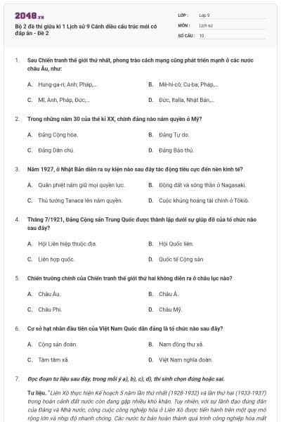 Bộ 2 đề thi giữa kì 1 Lịch sử 9 Cánh diều cấu trúc mới có đáp án - Đề 2