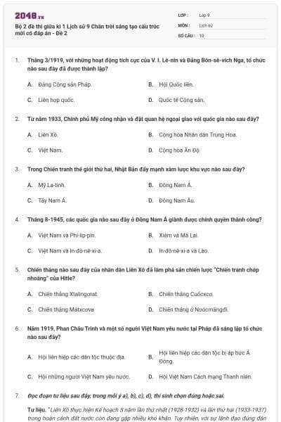 Bộ 2 đề thi giữa kì 1 Lịch sử 9 Chân trời sáng tạo cấu trúc mới có đáp án - Đề 2