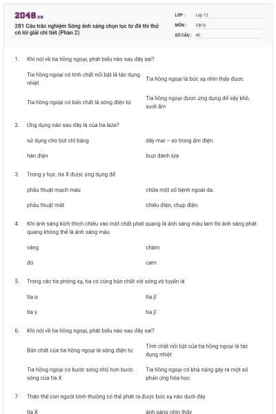 281 Câu trắc nghiệm Sóng ánh sáng chọn lọc từ đề thi thử có lời giải chi tiết (Phần 2)