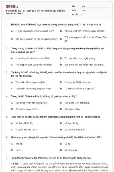 Bộ 2 đề thi cuối kì 1 Lịch sử 9 Kết nối tri thức cấu trúc mới có đáp án - Đề 1